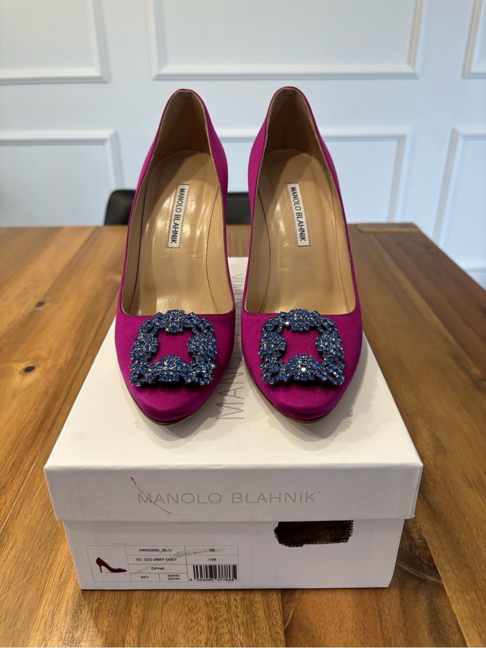 Manolo Blahnik Hangisi Fuchsia Satin Pumps with Blue Crystal Buckles